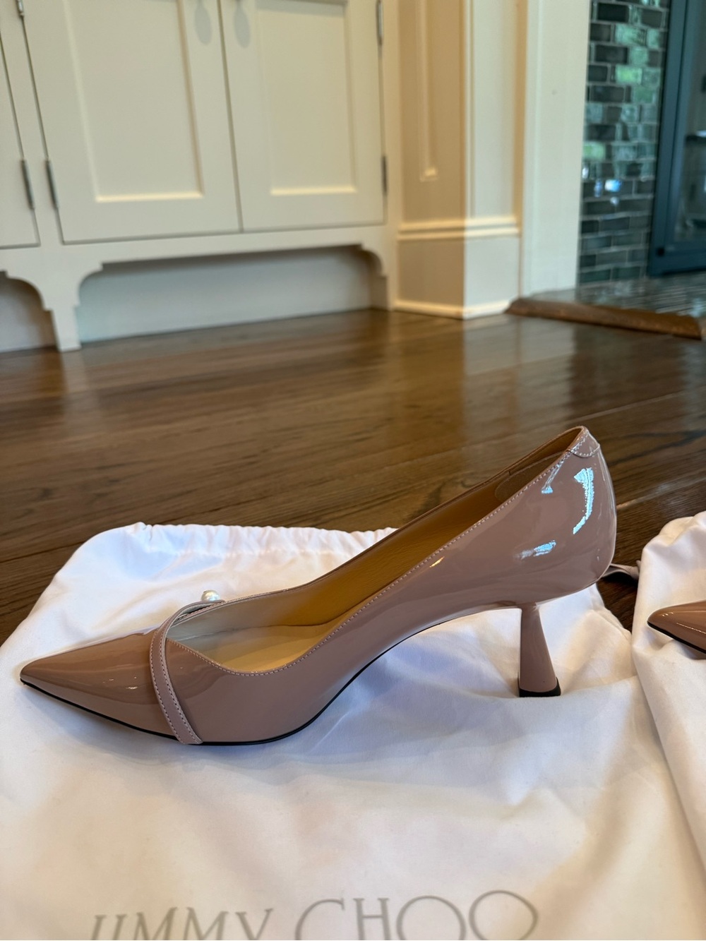 Jimmy Choo Blush Patent Leather Pointed-Toe Pumps with Pearl Strap - Picture 2 of 8
